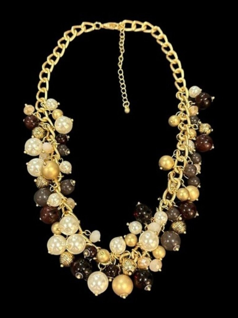 Beaded Statement Necklace Brown Gold Tone Cream Adustable Length Womens 18 Inch - Picture 3 of 4